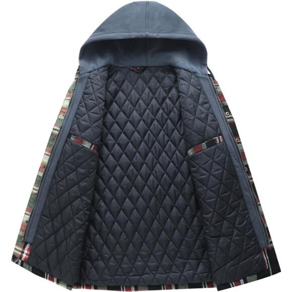 Men's Thicken Plaid Hooded Flannel Shirt Jacket Green/White - Picture 3 of 4